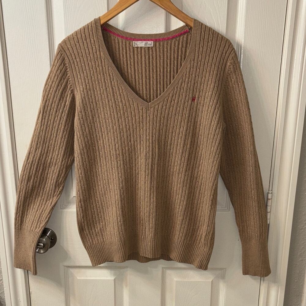 Y2K Women Cotton Blend Old Money Preppy Cable knit‎ Camel V-Neck Sweater Size XL